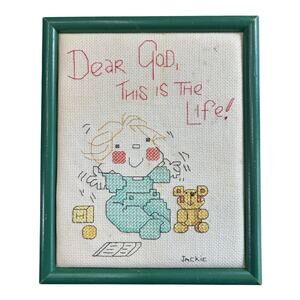 Vtg 80s- Baby Nursery Needlepoint- Dear God this is the Life-some staining 11x9"